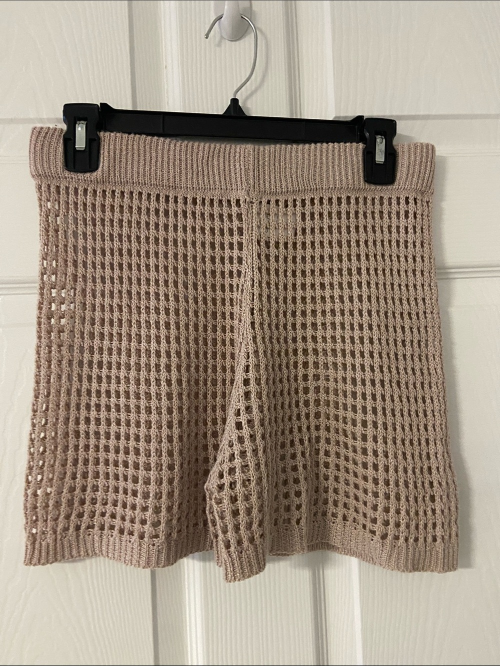 T39a- CHA CHAN Tan Crochet Knit Sheer Cover-Up Shorts